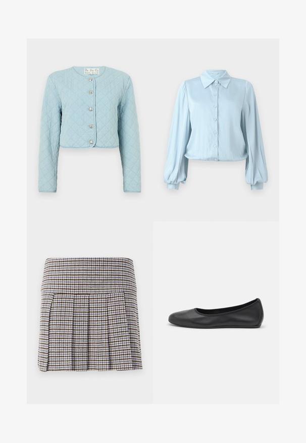 Lysblå quiltet cropped jakke med lange ærmer, der har rund halsudskæring og fem skinnende knaplukninger foran.; Hofmann Copenhagen FLORA - Skjortebluser - lavender blue; Plisseret nederdel i et brunt, beige og blåt ternet mønster. Fremstillet af et tekstureret stof med en tætsiddende talje og dekorative plisseringer.; Sort læderballetsko med rund tå, glat tekstur, minimal syning og et fleksibelt såldesign.