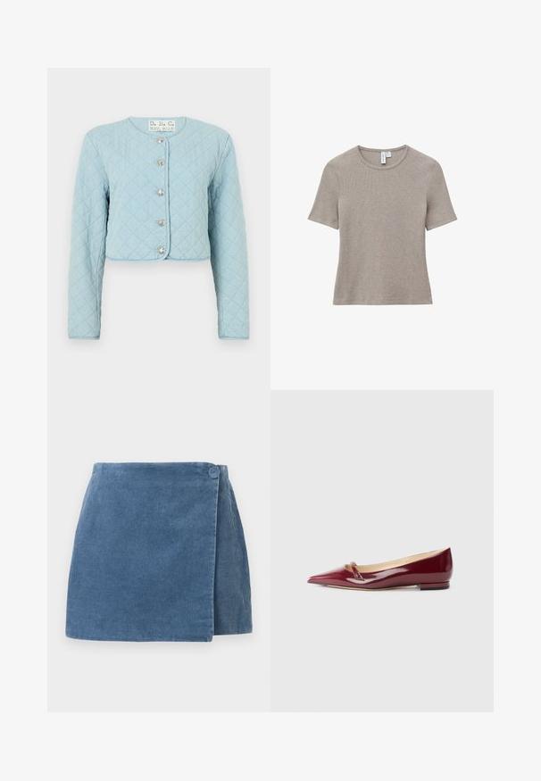Lysblå quiltet cropped jakke med lange ærmer, der har rund halsudskæring og fem skinnende knaplukninger foran.; Beige kortærmet t-shirt med rund halsudskæring. Lavet af ribbet stof, med lige snit og en blød tekstur. Minimalistisk design.; Blå kordfløjl mini nederdel med en omslag design og en enkelt dækket knaplukning på højre side.; Bordeaux patenteret læderballerinaer med spids tå, der har en lille udskæring og en lav hæl. Glat tekstur og elegant design.