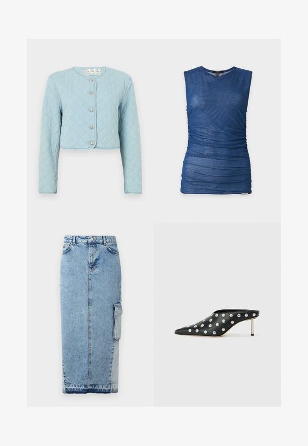 Veste courte en denim bleu clair matelassée avec des manches longues, dotée d'un col rond et de cinq boutons brillants à l'avant.; Haut bleu sans manches avec des détails de tissu froncé et un col rond, présenté sur un fond gris clair uni.; Jupe en denim bleu clair, avec une coupe droite, fermeture à boutons sur le devant, poches latérales et un panneau en tissu contrastant distinct.; STAND STUDIO KELSEY - Mules à talons - black
