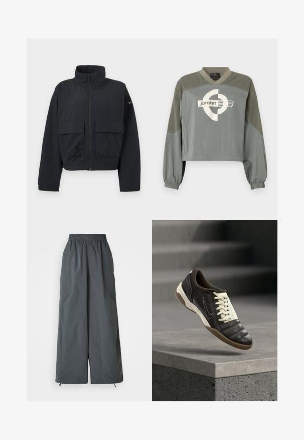 Veste noire à fermeture éclair avec col montant et deux grandes poches frontales à rabat, présentée sur un fond blanc uni.; Pull-over court à manches longues avec des poignets élastiques, blocs de couleur vert-gris atténuée, et logo Jordan blanc centré sur la poitrine.; Pantalons larges gris à taille élastique, fabriqués en tissu léger, dotés de deux poches latérales et de cordons de serrage réglables aux poignets.; Baskets en cuir marron foncé avec des lacets crème, un col rembourré et un bout texturé. Dotées d'une semelle en caoutchouc et d'un logo swoosh latéral.