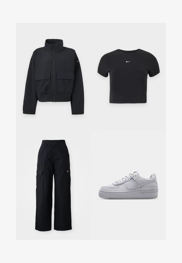 Veste noire à fermeture éclair avec col montant et deux grandes poches frontales à rabat, présentée sur un fond blanc uni.; T-shirt court noir en coton, avec un col rond et des manches courtes. Logo Nike blanc notable sur la poitrine.; Pantalons cargo noirs avec une taille élastique et un bouton. Comprend deux grandes poches latérales et un logo en patch sur la jambe gauche. Design à jambes larges.; Basket en cuir lisse gris Nike Air Force 1 avec un bout perforé, une semelle épaisse et un détail 'AIR' en relief sur le talon.
