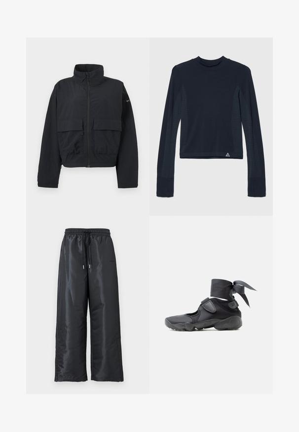 Veste noire à fermeture éclair avec col montant et deux grandes poches frontales à rabat, présentée sur un fond blanc uni.; Haut à manches longues en navy avec une texture côtelée, présentant des accents à pois le long des manches et un col haut. Logo de la marque en bas à gauche.; Pantalons larges noirs en tissu brillant et lisse. Présentent une taille élastique avec cordon de serrage et des poches latérales.; Chaussure de sport noire avec des découpes, des brides en velcro et un lacet autour de la cheville noué en un nœud, vue de côté sur un fond blanc.