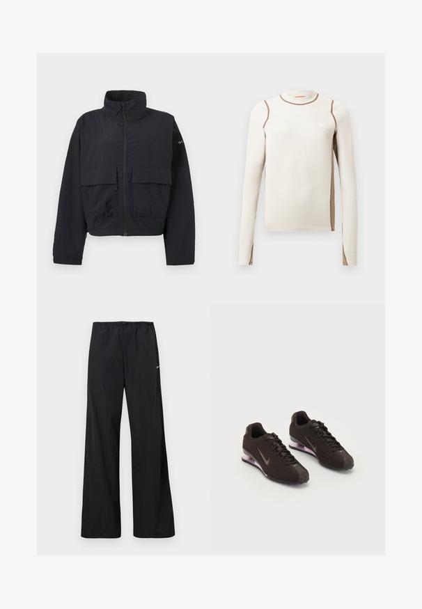 Veste noire à fermeture éclair avec col montant et deux grandes poches frontales à rabat, présentée sur un fond blanc uni.; Haut beige clair à manches longues avec un design ajusté, une texture côtelée, des coutures brunes contrastées et un petit logo triangulaire blanc sur la poitrine.; Pantalon de sport noir ample avec taille élastique et petit logo Nike blanc sur la cuisse gauche, présenté sur un fond blanc.; Baskets de sport noires avec une tige texturée, des accents marron et une semelle à coussin d'air violette. Design à lacets avec une marque bien visible.