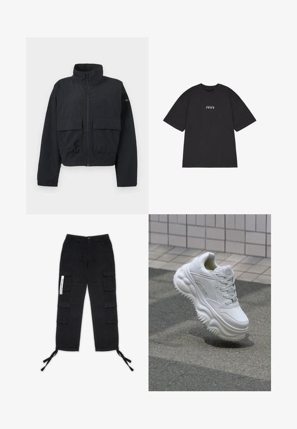 Veste noire à fermeture éclair avec col montant et deux grandes poches frontales à rabat, présentée sur un fond blanc uni.; T-shirt en coton noir à manches courtes, avec un petit texte graphique blanc "PEGAIDOR PGDR" sur le devant. Design simple à encolure ras du cou.; Pegador TANAMI WIDE PANTS - Pantalon cargo - black; Baskets blanches en cuir avec une semelle épaisse, des détails texturés et un système de laçage. Présente des accents moulés et une finition lisse.