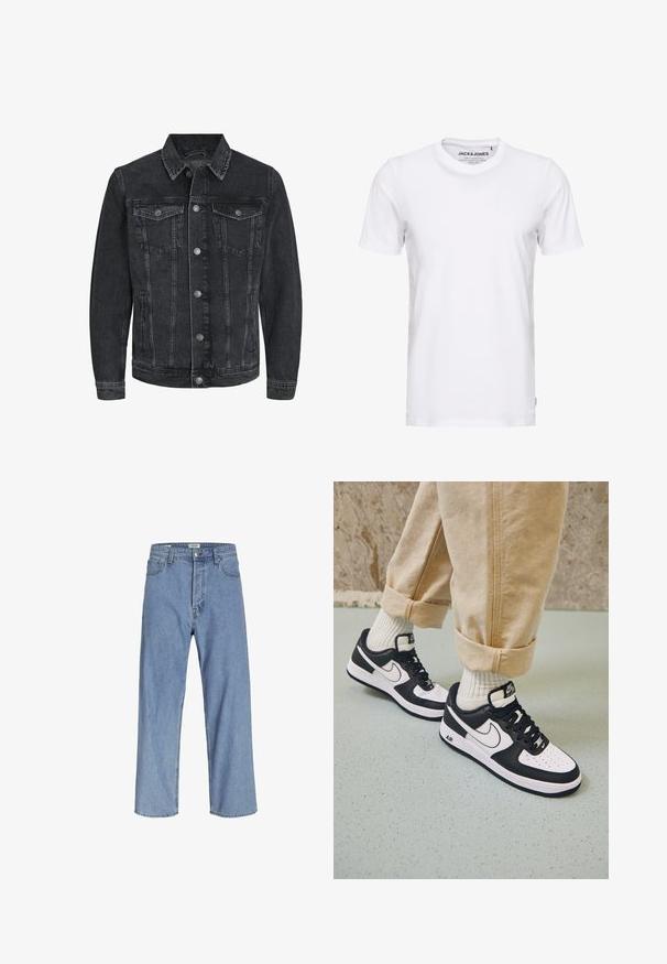 Veste en denim noir au design classique avec un col pointu, une fermeture à boutons sur le devant, deux poches poitrine et des poches latérales.; T-shirt blanc à manches courtes en coton, avec un col rond et un design simple. Étiquette de marque visible au niveau du cou. Aucun motif ni accent.; Jeans en denim bleu clair avec une coupe décontractée, doté d'une taille haute, de jambes larges et d'un design à cinq poches. Le tissu a une texture douce.; Baskets Nike Air Force 1 en noir et blanc avec un dessus en cuir, orteil perforé et détail de semelle texturée, portées avec un pantalon beige retroussé et des chaussettes blanches.