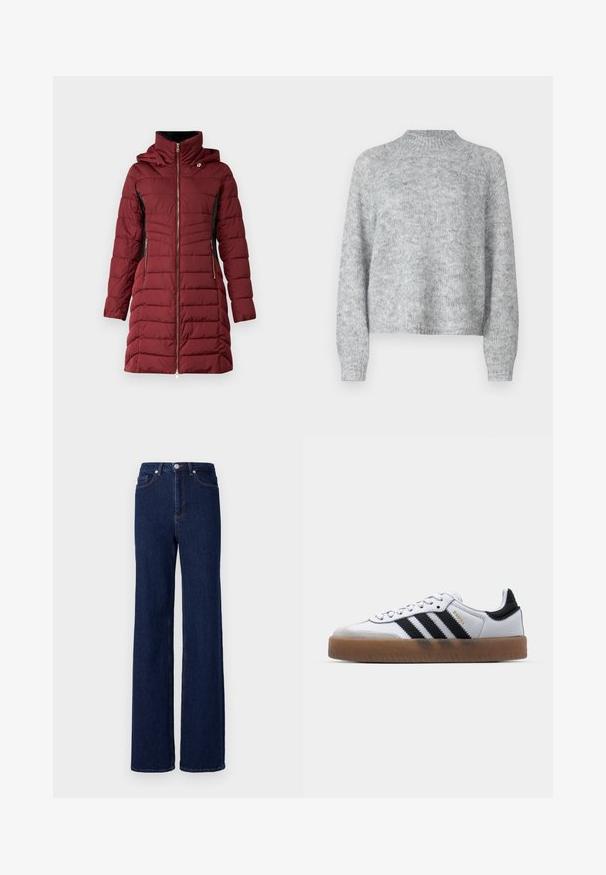Μαρόν επενδυμένο παλτό με μπροστινό φερμουάρ, κουκούλα και μαύρες λεπτομέρειες. Διαθέτει μπατζάκια και ραφή με καπιτονέ υφή, προσθέτοντας ζεστασιά και στυλ.; Ανοιχτό γκρι πουλόβερ με ψηλό λαιμό, μακριά μανίκια και χαλαρή εφαρμογή. Φτιαγμένο από υφασμάτινη πλέξη με υπογείες παραλλαγές στο χρώμα.; Σκούρες μπλε τζιν παντελόνες με ψηλή μέση, φαρδιά γραμμή και κλασικό σχέδιο πέντε τσεπών. Τελειωμένες με αντίθετη ραφή και μεταλλικό κουμπί.; Λευκά δερμάτινα αθλητικά παπούτσια με μαύρες ρίγες, σόλα από καουτσούκ γκιομ, στρογγυλή μύτη, κλείσιμο με κορδόνια και μαλακή γκρι σουέτ μύτη.