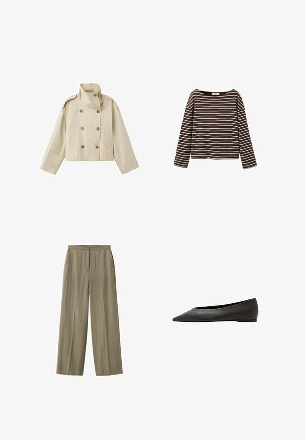 Veste courte beige à double boutonnage avec col montant, épaulettes boutonnées, manches longues larges et deux poches avant.; Chemise marron à manches longues avec des rayures horizontales blanches et un large col rond, présentée sur un fond blanc.; Pantalon marron clair à jambes droites avec une devant plat, des poches latérales et une fermeture éclair avant dissimulée.; Chaussure plate noire à bout pointu avec un talon bas et une tige en cuir lisse, présentée de profil sur un fond blanc.
