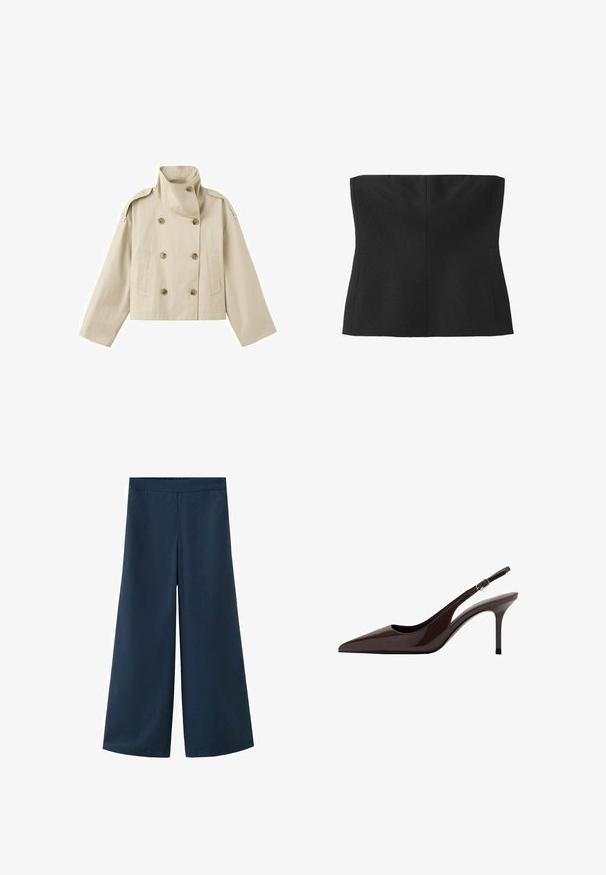 Veste courte beige à double boutonnage avec col montant, épaulettes boutonnées, manches longues larges et deux poches avant.; Top noir bustier sans bretelles avec coutures structurées et silhouette ajustée.; Pantalon large bleu marine avec une taille élastique. Confectionné dans un tissu lisse et léger, doté d'une silhouette décontractée et sans coutures visibles.; Talons slingbacks en cuir verni marron avec un bout pointu, un talon fin et une bride réglable. Texture lisse et finition brillante.
