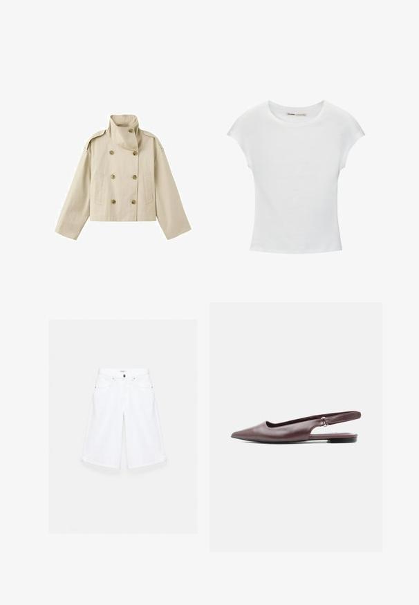 Veste courte beige à double boutonnage avec col montant, épaulettes boutonnées, manches longues larges et deux poches avant.; T-shirt en coton blanc avec manches courtes retroussées, encolure ronde et ourlet droit. Texture lisse sans motifs ni accents visibles.; Short en denim blanc jusqu'au genou avec poches avant, passants de ceinture et fermeture par bouton.; Chaussure plate burgundy à bout pointu avec bride arrière, petit talon et sangle ajustable sur fond blanc.