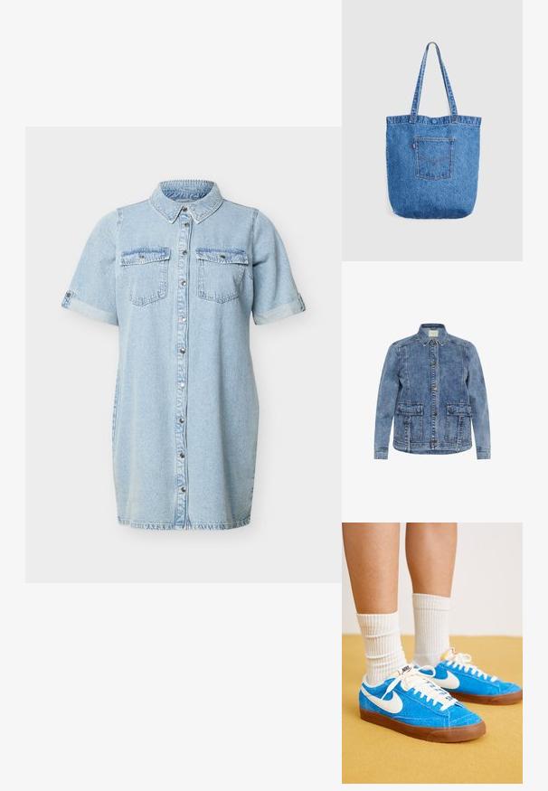 Lys blå denimjakke med krave, frontlukning med knapper og to store påsyede lommer. Har kontrasterende syninger og en afslappet pasform.; Lyseblå denimkjole med korte ærmer, knapper foran, to brystlommer med klapper og opkrogede ærmekanter.; Blå ruskind Nike sneakers med hvide detaljer, flade snørebånd og brune gummisåler, parret med ribbede hvide sokker.; Blå denim-totetaske med lange stropper og en udvendig syet lomme på en ensfarvet lys baggrund.