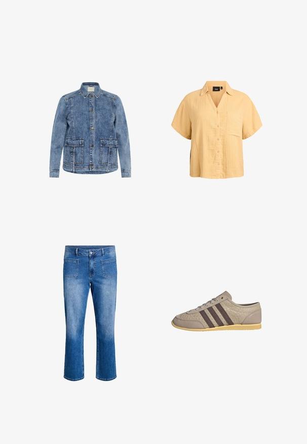 Lys blå denimjakke med krave, frontlukning med knapper og to store påsyede lommer. Har kontrasterende syninger og en afslappet pasform.; Kortærmet, løs skjorte med knapper i lysegul, med krave og brystlomme, lavet af let tekstureret stof.; Blå denimjeans med lige ben, fem lommer og kontrastsyning. Stoffet har en falmet vask og en klassisk talje.; Beige lavt snørresko med perforeret ruskind, mørkebrune striber på siderne, tekstureret hæl og lys sål i gummirubber.