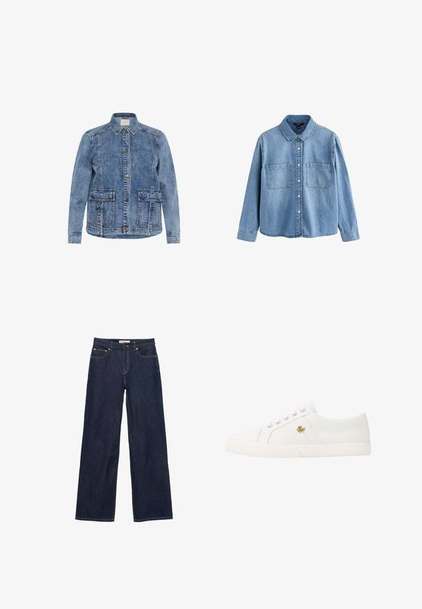 Lys blå denimjakke med krave, frontlukning med knapper og to store påsyede lommer. Har kontrasterende syninger og en afslappet pasform.; Lyseblå denim skjorte med knapper, lange ærmer, to brystlommer og en spids krave, vist på hvid baggrund.; Mørkeblå denim jeans med brede, lige ben, forlommer og lukning med knap og lynlås.; Lauren Ralph Lauren JANSON II CANVAS SNEAKER - Sneakers - optic white