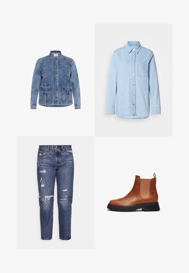 Lys blå denimjakke med krave, frontlukning med knapper og to store påsyede lommer. Har kontrasterende syninger og en afslappet pasform.; Lyseblå denimskjorte med knaplukning foran, spids krave, enkelt brystlomme og lange ærmer med knapmanchetter.; Blå denim jeans med en afslappet pasform, der har slidte områder og frynsede kanter. Klassisk 5-lommer design med metalbeklædning.; Timberland MID CHELSEA - Plateaustøvletter - rust copper