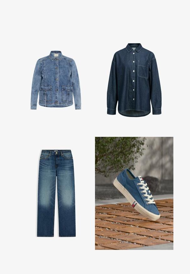 Lys blå denimjakke med krave, frontlukning med knapper og to store påsyede lommer. Har kontrasterende syninger og en afslappet pasform.; Denimskjorte i mørkeblå med knappelukning foran, spids krave, lange ærmer og en brystlomme. Diskrete hvide syninger er synlige.; Blå jeans med lige ben og falmede områder på lårene, klassisk design med fem lommer og knaplukning i taljen.; Blå lærredsneaker med hvide snørebånd og sål, svævende over en udendørs overflade med træ- og småstenmønster.