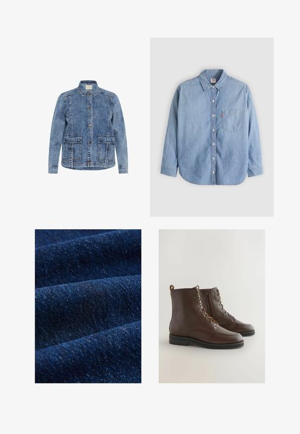 Lys blå denimjakke med krave, frontlukning med knapper og to store påsyede lommer. Har kontrasterende syninger og en afslappet pasform.; Lyseblå denimskjorte med button-down-krave, forlompe og lange ærmer. Har en buet kant og en subtil tekstur.; Dunkelblå denimstof med en subtil tekstur, der har synlige sømme og en let glans, som fremhæver bløde folder og varierende nuancer.; Brune læderankelstøvler med en rund tå, snøring og en sidelukning, der har et syet design og en lav sort gummisål.