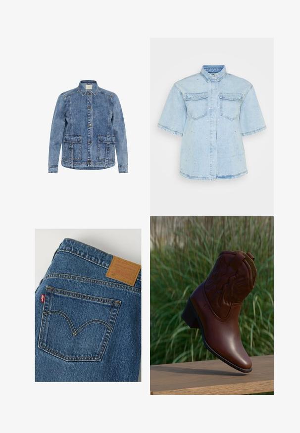 Lys blå denimjakke med krave, frontlukning med knapper og to store påsyede lommer. Har kontrasterende syninger og en afslappet pasform.; Lys blå denimskjorte med korte ærmer, der har to forlommer og er pyntet med små sølvnitter overalt.; Blå denim Levi's jeans med baglomme med signatur syning og brun læder mærke på linningen.; Brun læder cowboystøvle med dekorative syninger, vinklet opad på en træflade med sløret grønt græs i baggrunden.