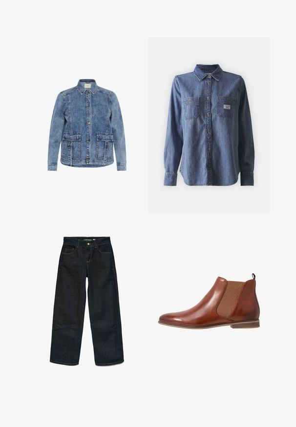 Lys blå denimjakke med krave, frontlukning med knapper og to store påsyede lommer. Har kontrasterende syninger og en afslappet pasform.; Blå denim langærmet skjorte med button-down krave, to brystlommer, klassisk pasform og subtil tekstur. Label på venstre lomme.; Mørkeblå, brede denimbukser med forhånds- og møntlommer, kontrasterende gul syning, knaplukning og bæltestropper.; Brune læder Chelsea støvle med elastiske sidepaneler, rund tå og en lille hæl. Glat tekstur med en trækflap bagpå.