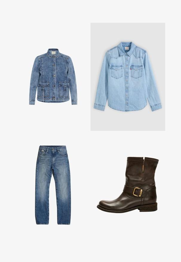 Lichtblauwe spijkerjack met een kraag, voorknoopsluiting en twee grote opgestikte zakken. Heeft contrasterende stiksels en een ontspannen pasvorm.; Lichtblauw denim overhemd met lange mouwen, knoopsluiting, twee borstzakken met kleppen en een klassieke puntige kraag op een grijze achtergrond.; Blauwe denim jeans met een rechte snit, lichte vervaging en subtiele wassing. Beschikt over vijf zakken en een knoopsluiting.; Bruine leren enkelboot met een ronde neus, zijschoenbuckle, gestikte accenten en een lage gestapelde hak. Beschikt over een kenmerkende textuur.