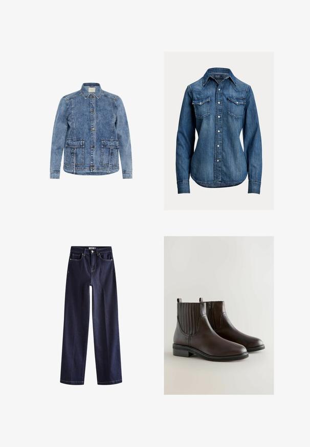 Lys blå denimjakke med krave, frontlukning med knapper og to store påsyede lommer. Har kontrasterende syninger og en afslappet pasform.; Langærmet blå denimskjorte med perleknapper, to brystlommer med klap og spids krave fra Polo Ralph Lauren.; Mørkeblå vidde denimjeans med forreste knap og lynlås, fem lommer og kontrastsyning.; Brune læder ankelstøvler med elastiske sidepaneler og en sidelukning, der har en lav hæl og en glat tekstur.