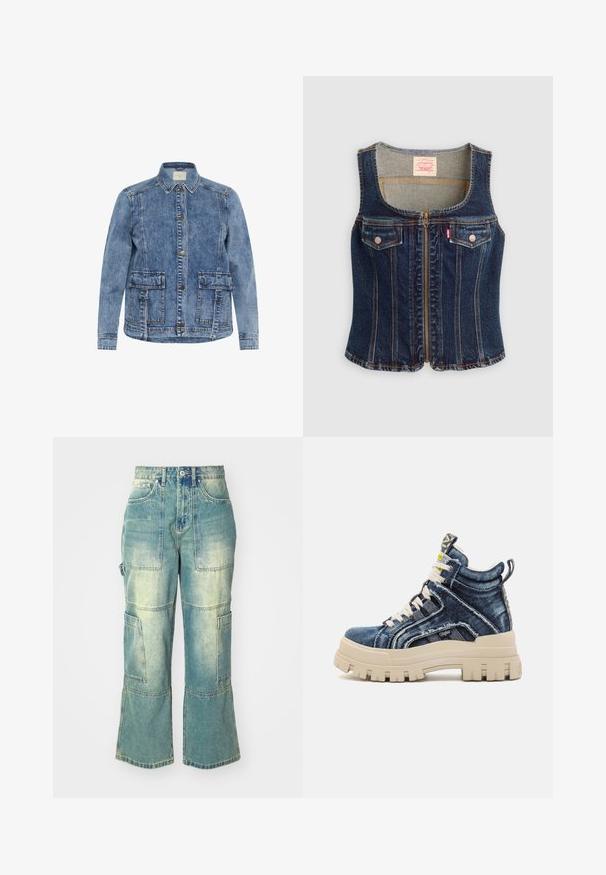 Lys blå denimjakke med krave, frontlukning med knapper og to store påsyede lommer. Har kontrasterende syninger og en afslappet pasform.; Mørkeblå denim ærmeløs vest med frontlynlås, to brystlommer med knapper og synlige orange syninger.; Lyseblå denim cargo bukser med bred benåbning, der har flere lommer og en falmet tekstur. Detaljer omfatter en knaplukning og syningsaccenter.; Buffalo ASPHA MID - Sneakers high - blue