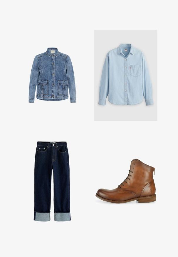 Lys blå denimjakke med krave, frontlukning med knapper og to store påsyede lommer. Har kontrasterende syninger og en afslappet pasform.; Lyseblå denimskjorte med spidse kraver, lange ærmer, knaplukning og en brystlomme med et lille logomærke.; Mørkeblå denimjeans med opkrogede manchetter, femlomme-stil, synlige stikninger og knaplukning ved taljen.; Brun læder ankelstøvle med en glat overflade, afrundet tå, snørebånd fortil og en lille lynlåsdetalje bagpå. Sommerfugl-logo på siden.