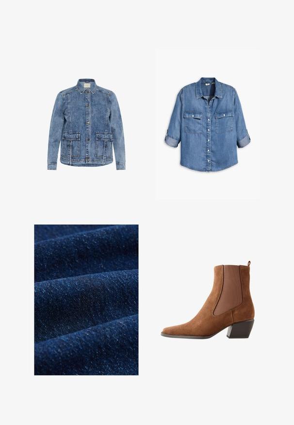 Lichtblauwe spijkerjack met een kraag, voorknoopsluiting en twee grote opgestikte zakken. Heeft contrasterende stiksels en een ontspannen pasvorm.; Denim shirt met een klassieke kraag, knoopsluiting aan de voorkant, twee borstzakken, opgerolde mouwen en een lichtblauwe wassing met subtiele vervaging.; Donkerblauwe denimstof met een subtiele textuur, voorzien van zichtbare stiksels en een lichte glans, met verzachte plooien en variërende tinten.; Bruine suède enkellaars met lage gestapelde hak en elastisch zijpaneel voor makkelijk aan- en uittrekken, in profiel getoond op een witte achtergrond.