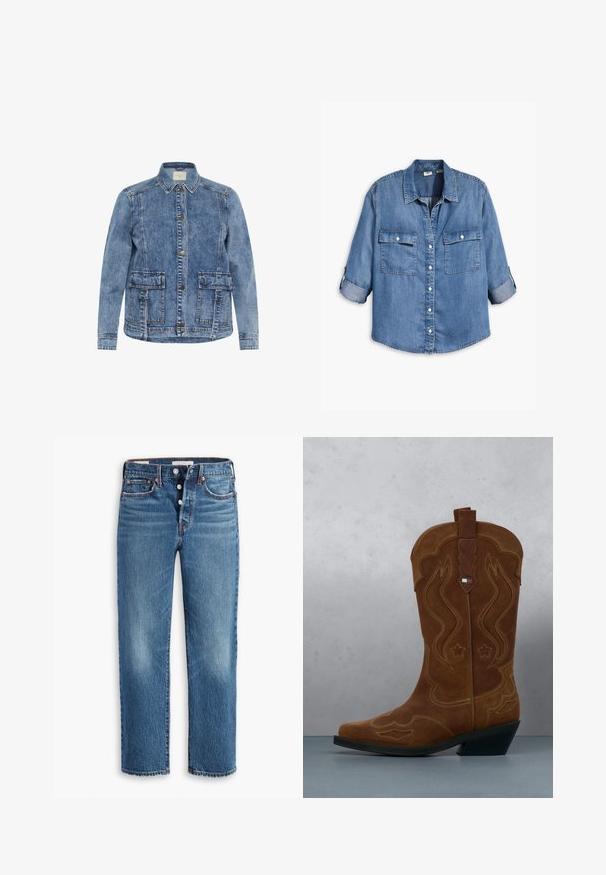 Lichtblauwe spijkerjack met een kraag, voorknoopsluiting en twee grote opgestikte zakken. Heeft contrasterende stiksels en een ontspannen pasvorm.; Denim shirt met een klassieke kraag, knoopsluiting aan de voorkant, twee borstzakken, opgerolde mouwen en een lichtblauwe wassing met subtiele vervaging.; Blauwe spijkerbroek met een rechte pijp, voorzien van een knopenfly, vijf zakken en een licht vervaagde textuur aan de voorkant.; Bruine suède cowboylaars met decoratieve stiksels en een vlagembleem op de schacht, staande op een houten lattenvloer buiten.