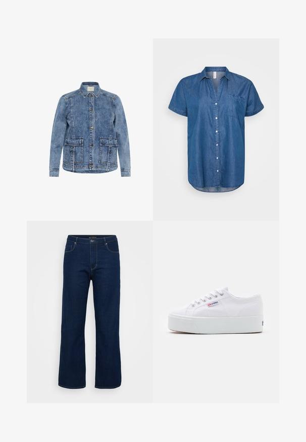 Lys blå denimjakke med krave, frontlukning med knapper og to store påsyede lommer. Har kontrasterende syninger og en afslappet pasform.; Denim kortærmet skjorte, lys til mørkeblå gradient, knaplukning foran, spidse krave, brystlomme, buet kant, let løs pasform.; Mørkeblå denim jeans med lige pasform, der har en lynlås, fem lommer og synlige syninger.; Hvide canvas sneakers med en tyk hvid platformssål, rund tå og metaløjelets til snørebånd. Mærkets logo præsenteret på siden.