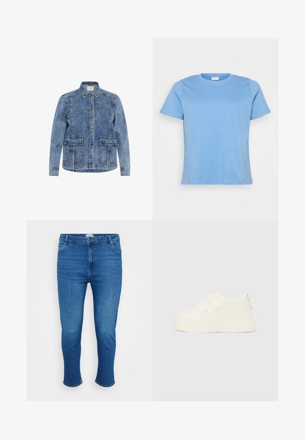Lys blå denimjakke med krave, frontlukning med knapper og to store påsyede lommer. Har kontrasterende syninger og en afslappet pasform.; Lyseblå kortærmet t-shirt lavet af glat bomuldsstof, med en klassisk rund halsudskæring og en afslappet pasform.; Blå denim jeans med høj talje, frontknap og lynlås, fem lommer og smal lige pasform.; Hvid platformsneaker med dobbelte velcrobånd og sølvnitter på hælen, vist fra siden på en ensfarvet baggrund.