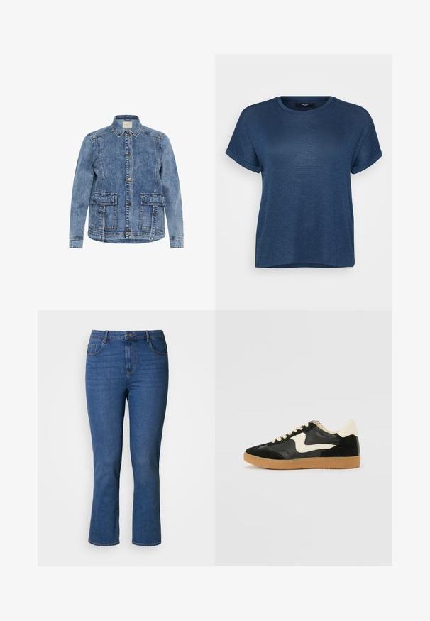 Lys blå denimjakke med krave, frontlukning med knapper og to store påsyede lommer. Har kontrasterende syninger og en afslappet pasform.; Mørkeblå kortærmet T-shirt lavet af blødt stof med rund hals og optrukne ærmer, der har en løs pasform og en lige kant.; Blå denimjeans med lige snit, fem-lomme-design, messingbeslag og orange syningsdetalje. Glat tekstur.; Sorte ruskinds- og lædersneakers med en cremefarvet side-swoosh og lys cremefarvet hæl. Har beige snørebånd og en gummirubber-sål.