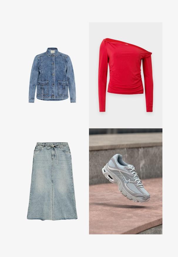 Lys blå denimjakke med krave, frontlukning med knapper og to store påsyede lommer. Har kontrasterende syninger og en afslappet pasform.; Rød langærmet top med asymmetrisk halsudskæring, skrådetaljer i siden og blødt, let stof. Glat tekstur med minimale sømme.; Lyseblå denim midi nederdel med frontslids, snøre i taljen, bæltestropper og to forlommer.; Lysegrå og hvid Nike-løbesko med mesh og polstret sål, vist i luften mod en baggrund af betontrapper.