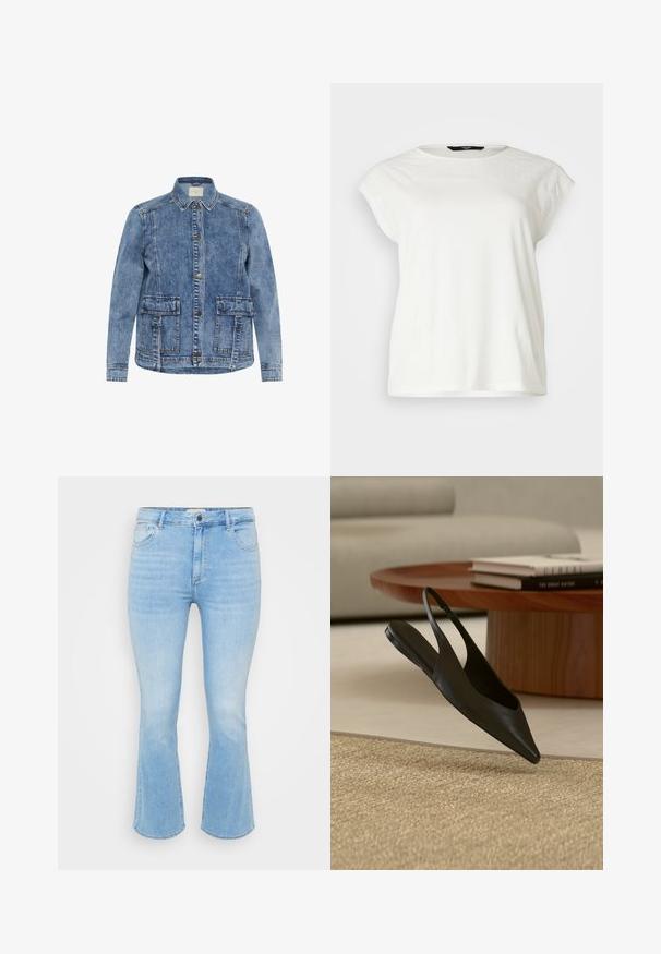 Lys blå denimjakke med krave, frontlukning med knapper og to store påsyede lommer. Har kontrasterende syninger og en afslappet pasform.; Hvid kortærmet t-shirt med tekstureret blondeindsats, rund halsudskæring og en afslappet pasform. Blødt bomuldsstof med fin detaljer på skuldrene.; Lys blå denim jeans med en tætsiddende talje, flagrende bukseben, fem-lomme design og subtil forvitring i stofstrukturen.; Sort fladt slingback sko med spids tå nær et rundt træbord med stablede bøger på en beige tæppe i en moderne stue.