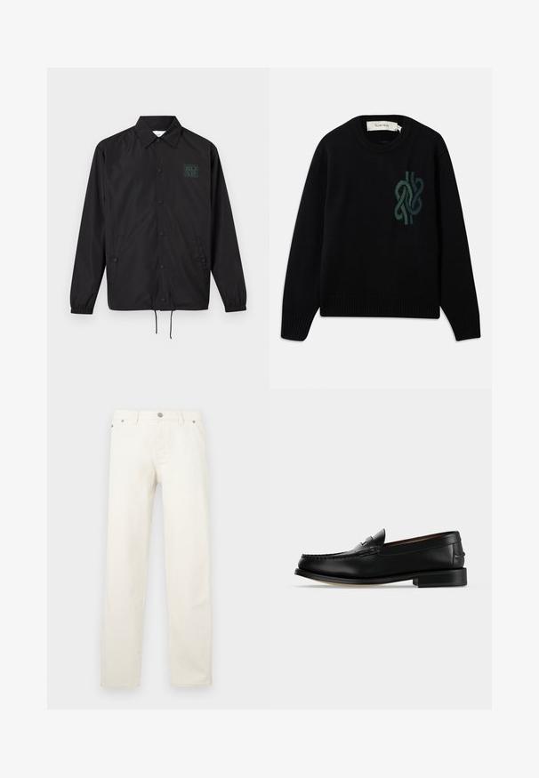 Veste noire à manches longues boutonnée avec col, deux poches avant, poignets élastiques, bas à cordon de serrage et petit logo vert sur la poitrine gauche.; Pull en tricot noir avec un col rond et un design de nœud abstrait vert sur la poitrine, avec des poignets et un ourlet côtelés.; Jean blanc à jambe droite en denim, doté d'une braguette à boutons, de passants pour ceinture et de cinq poches. Le tissu présente une texture lisse.; Mocassin homme en cuir noir avec un petit talon et une couture de style mocassin sur l'avant, vu de côté sur un fond uni.