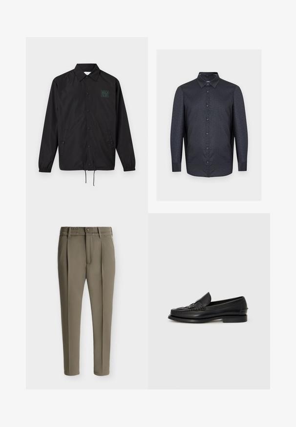 Veste noire à manches longues boutonnée avec col, deux poches avant, poignets élastiques, bas à cordon de serrage et petit logo vert sur la poitrine gauche.; Chemise longue à manches longues de couleur foncée avec un motif géométrique répétitif subtil et un col pointu, présentée sur un fond clair.; Pantalon cintré couleur taupe avec plis devant, passants pour ceinture, poches latérales et fermeture par bouton.; Mocassin en cuir noir avec un détail tissé à l'avant, bout arrondi et petit talon. Texture lisse et design minimaliste.