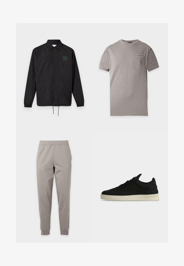 Veste noire à manches longues boutonnée avec col, deux poches avant, poignets élastiques, bas à cordon de serrage et petit logo vert sur la poitrine gauche.; T-shirt gris à manches courtes avec un petit écusson du logo EA7 Emporio Armani sur le haut gauche de la poitrine.; Pantalon de jogging slim gris clair avec taille et poignets élastiques, avec un petit logo rectangulaire sur la cuisse droite.; Baskets basses noires avec lacets noirs et semelle épaisse blanche cassée, vues de profil droit sur un fond uni.