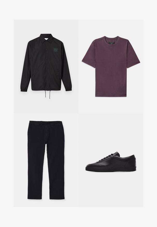 Veste noire à manches longues boutonnée avec col, deux poches avant, poignets élastiques, bas à cordon de serrage et petit logo vert sur la poitrine gauche.; T-shirt à manches courtes et col rond en mauve foncé avec une étiquette de marque visible cousue à l'intérieur du col.; Pantalon noir en coton avec une coupe droite, taille élastique et cordon de serrage. Il dispose de poches latérales et d'un tissu doux avec une légère texture.; Baskets basses en cuir noir avec lacets sur le devant et semelle en caoutchouc plate, vues de côté sur un fond blanc uni.