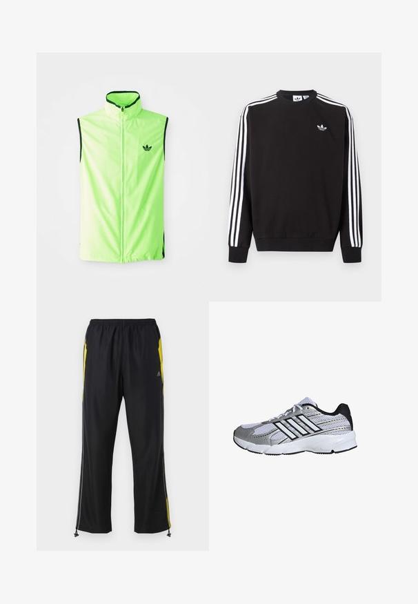 Neón zelená bezrukávová športová vesta s predným zipsom, vysokým golierom a čiernymi akcentmi, so malým čiernym logom na ľavej hrudi.; Čierna mikina Adidas s bielymi tromi pásikmi na rukávoch a malým bielym logom trojlístka na ľavej strane hrudníka.; Čierne športové nohavice s žltými bočnými akcentmi, elastickým pásom a zipsovými bočnými vreckami. Vyrobené z ľahkej, hladkej tkaniny.; Mriežkovaná športová obuv v bielej a striebornej farbe, s čiernymi detailmi, logom troch bielych pruhov, polstrovaným golierom a textúrovanou gumovou podrážkou.