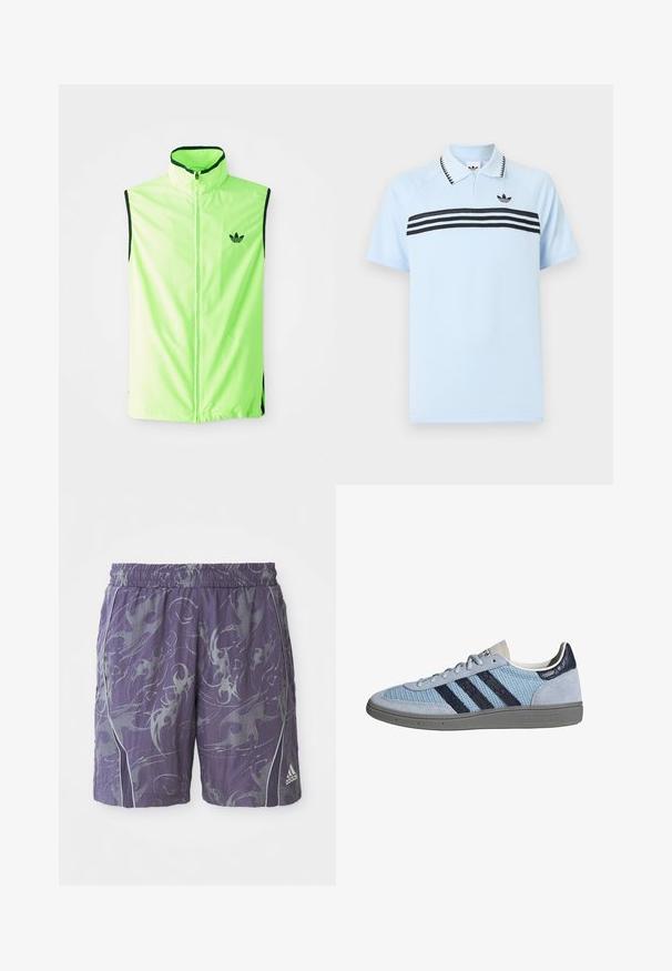 Neon grøn ærmeløs atletisk vest med frontlynlås, høj krave og sorte detaljer, der har et lille sort logo på venstre bryst.; Lyseblå polo lavet af tekstureret stof med sorte accentstriber og en sort logo på brystet. Har en krave.; Lilla sports shorts med abstrakte sølv mønstre, elastisk talje, sidelister og Adidas-logo på nederste højre ben.; Lyseblå Adidas sneaker med mørkeblå striber, ruskind på tå og hæl, tekstureret sål og snørelukning, sidevisning på hvid baggrund.