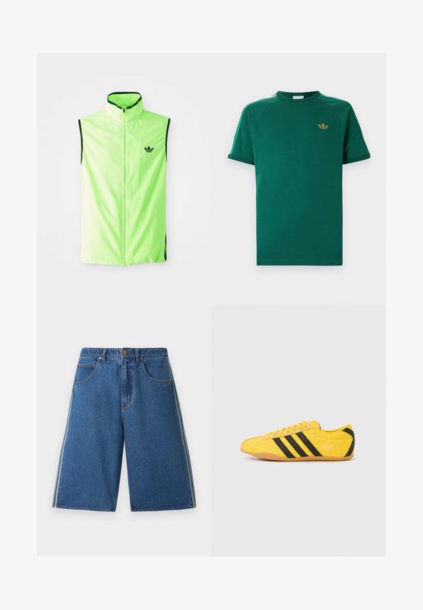 Neón zelená bezrukávová športová vesta s predným zipsom, vysokým golierom a čiernymi akcentmi, so malým čiernym logom na ľavej hrudi.; Zelené tričko Adidas s krátkym rukávom a okrúhlym výstrihom, zlatým logom trelej lístka na hrudi a bielymi pruhmi so zelenými okrajmi na ramenách.; Modré rifľové šortky po kolená s prednými vreckami, zapínaním na gombíky, pútkami na opasok a bielymi pruhmi na bokoch každej nohy.; Žltá športová obuv s textúrovaným zvrškom, s čiernymi pruhmi a logom. Zaoblená špička, mäkká podrážka a vzor v tvare cik-cak na materiáli.
