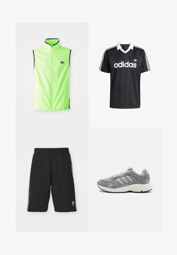 Neon grøn ærmeløs atletisk vest med frontlynlås, høj krave og sorte detaljer, der har et lille sort logo på venstre bryst.; Sort kortærmet trøje af glat stof med en hvid V-hals, tre hvide striber på hver skulder og et stort hvidt logo.; Sort shorts lavet af bomuldsblandet materiale med elastisk talje, med hvide sidelister og et lille logo nederst til venstre.; Grå atletisk sko med mesh- og ruskindsmaterialer, med hvide snørebånd, en polstret krave og en chunky hvid mellemsål med strukturerede detaljer.