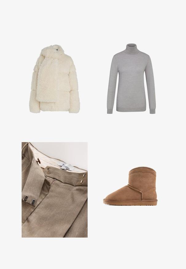 Crème-kleurige nepbontjas met een hoge kraag, pufferontwerp en lange bijpassende sjaal. Textuurrijk, zacht materiaal en boxy vorm.; FALKE BASIC ROLL NECK NEW MERINO - Trui - light grey; Bruine stoffen broek met subtiele krijtstreepjes. Voorzien van een gladde tailleband, ritssluiting en metalen klemmen voor een veilige sluiting. Voering aan de binnenkant.; Tan suède enkellaars met een ronde neus, gestikte details op de bovenkant en een platte rubberen zool. Eenvoudig, strak ontwerp voor gemakkelijk dragen.