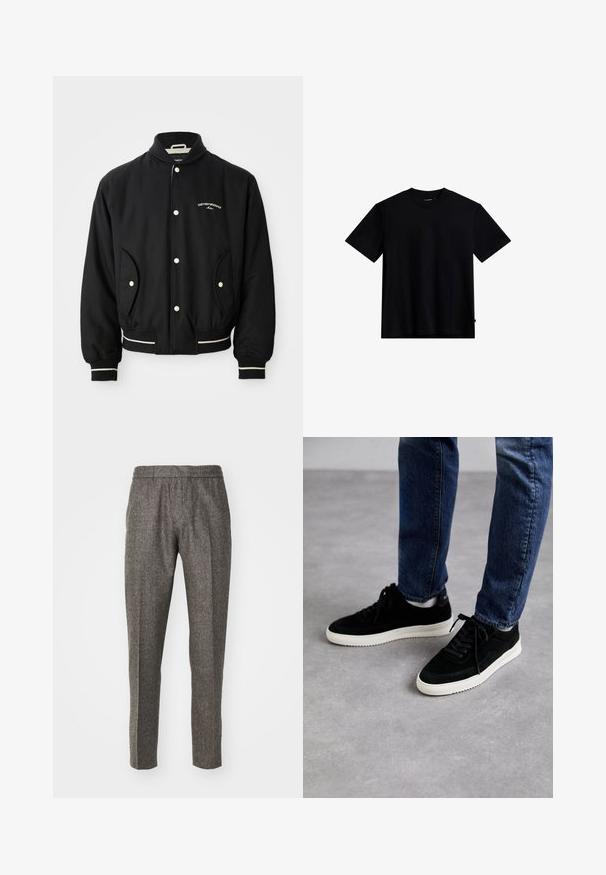Zwarte bomberjack met een geribbeld kraag, drukknoopsluiting, twee zijzakken en witte gestreepte accenten bij de manchetten en de zoom.; Zwarte T-shirt met korte mouwen, gemaakt van zachte stof, met een ronde halslijn en een klassieke pasvorm zonder patronen of accenten.; Grijze wollen broek met een op maat gemaakt ontwerp, voorzien van een gladde textuur, rechte pijpen en subtiele stikhoudingen.; Zwarte suede sneakers met een witte rubberen zool, met een klassiek low-top ontwerp, een ronde neus en flat zwarte veters.