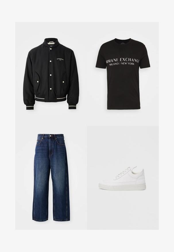 Veste bomber noire avec un col côtelé, fermeture à boutons-pression, deux poches latérales et des accents rayés blancs aux poignets et à l'ourlet.; T-shirt en coton noir arborant le texte "ARMANI EXCHANGE MILANO / NEW YORK" en blanc, avec un col rond classique et des manches courtes.; Jean large bleu foncé en denim. Comprend une ceinture classique avec passants, des poches avant et une silhouette droite.; Baskets en cuir blanc avec un embout arrondi, une semelle plate et un laçage à l'avant. Présentent des détails de couture et un col rembourré pour plus de confort.