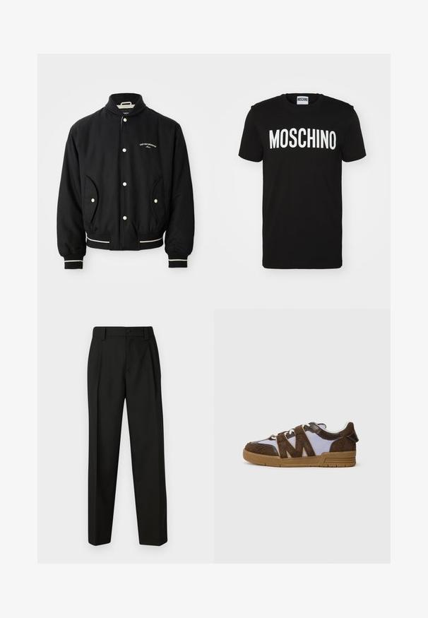 Zwarte bomberjack met een geribbeld kraag, drukknoopsluiting, twee zijzakken en witte gestreepte accenten bij de manchetten en de zoom.; Zwarte katoenen t-shirt met opvallende witte "MOSCHINO" tekst op de voorkant; ronde hals en korte mouwen. Eenvoudig ontwerp, klassieke pasvorm.; Zwarte op maat gemaakte broek van gladde stof. Kenmerkt zich door een rechte pijp, een enkele knoopsluiting en riemlussen. Geen zichtbare patronen of accenten.; Sneakers met een bruine suède bovenkant, beige gaaspanelen en een gomrubberen zool. Kenmerkend zigzagontwerp aan de zijkanten. Vetersluiting.