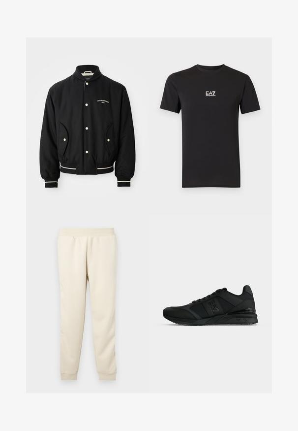 Zwarte bomberjack met een geribbeld kraag, drukknoopsluiting, twee zijzakken en witte gestreepte accenten bij de manchetten en de zoom.; Zwart T-shirt met korte mouwen, gemaakt van zachte stof, met een klein wit EA7 Emporio Armani-logo op de borst. Klassieke ronde hals.; Lichtbeige sweatpants gemaakt van zachte stof met een taps toelopend ontwerp, elastische tailleband en boorden bij de enkels. Geen zichtbare patronen of accenten.; Zwarte lage sneaker met veters, mesh- en leren panelen en EA7-logo op de zijkant en zool, getoond in profiel.