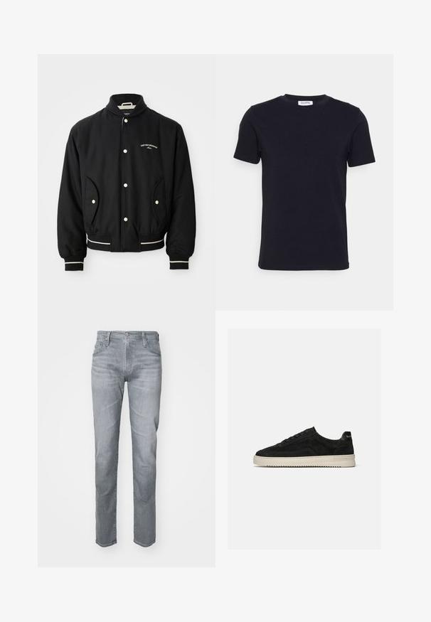 Veste bomber noire avec un col côtelé, fermeture à boutons-pression, deux poches latérales et des accents rayés blancs aux poignets et à l'ourlet.; T-shirt noir à manches courtes avec un col ras-du-cou, muni d'une petite étiquette blanche à l'intérieur du col.; Jeans en denim gris avec une coupe droite, un design à cinq poches, des passants de ceinture et une fermeture à bouton à l'avant. Décoloration subtile pour ajouter de la texture.; Baskets basses en daim noir avec lacets noirs et semelle blanche en caoutchouc, vue latérale sur fond gris clair uni.