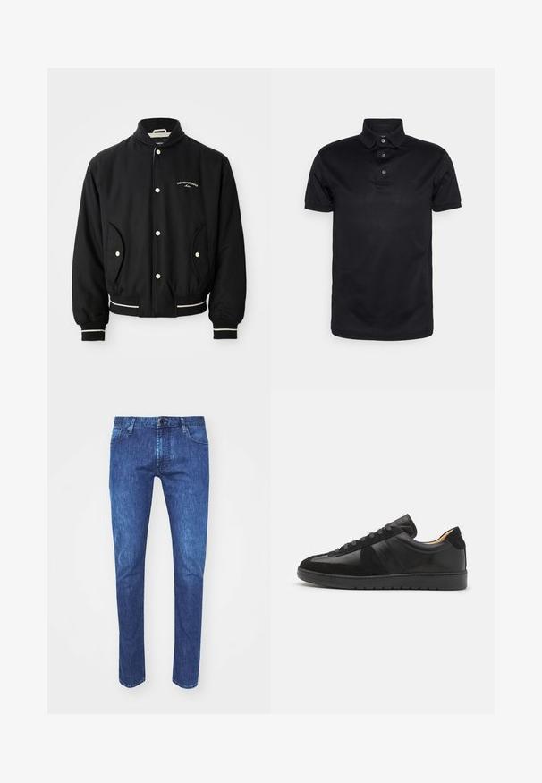 Sort bomberjakke med rillet krave, trykknaplukning, to sidelommer og hvide striber ved manchetterne og kanten.; Sort polo-shirt lavet af glat stof, med krave, tre knaplukninger og kortærmer. Minimalistisk design uden mønstre.; Blå denimjeans med lige pasform, knaplukning, fem lommer og kontrastsyninger. Stoffet viser en mellem vask med let falming.; Tiger of Sweden BELLICU - Sneakers - black