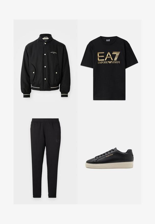 Zwarte bomberjack met een geribbeld kraag, drukknoopsluiting, twee zijzakken en witte gestreepte accenten bij de manchetten en de zoom.; Zwarte katoenen T-shirt met korte mouwen, met een gouden bedrukte "EA7 EMPORIO ARMANI" logo over de voorkant. Eenvoudig ontwerp, ronde hals.; Zwarte joggingsbroek van zacht weefsel, met een elastische tailleband, nauwsluitende boorden en een klein logo op de zijkant gedrukt.; Zwarte leren sneaker met een gladde afwerking, contrasterende crèmekleurige zool, ronde neus, gouden logo aan de zijkant en zes gaatjes voor veters.
