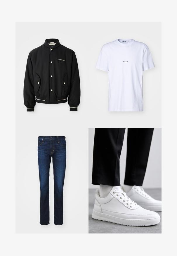 Zwarte bomberjack met een geribbeld kraag, drukknoopsluiting, twee zijzakken en witte gestreepte accenten bij de manchetten en de zoom.; Witte katoenen T-shirt met een ronde halslijn, korte mouwen en een klein zwart 'MSGM'-logo op de voorkant. Glad van structuur.; AG Jeans TELLIS MODERN - Slim fit jeans - viper; Witte leren sneakers met een platte rubberen zool, met een soepele afwerking, ronde neus en metalen oogjes voor de veters. Draag ze met een zwarte broek.