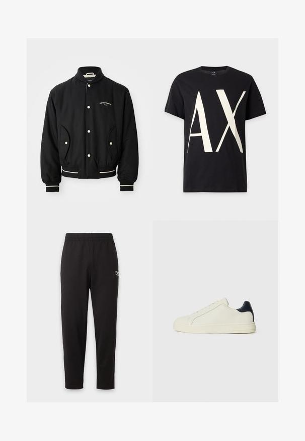 Zwarte bomberjack met een geribbeld kraag, drukknoopsluiting, twee zijzakken en witte gestreepte accenten bij de manchetten en de zoom.; Zwart T-shirt met korte mouwen met grote witte letters A en X bedrukt aan de voorkant.; Zwarte joggingbroek met elastische taille, taps toelopende pijpen en een klein wit logo op het bovenste linker bovenbeen.; Witte leren sneaker met een marineblauw leren accent op de hak, ronde neus, platte rubberen zool en vetersluiting met zes oogjes.